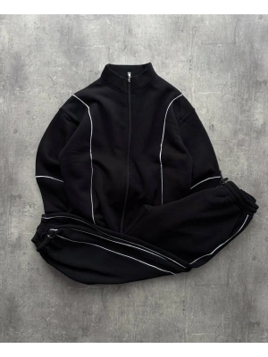 Biyeli Unisex Şardonlu Eşofman Takımı Siyah