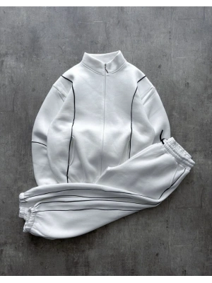 Biyeli Unisex Şardonlu Eşofman Takımı Beyaz