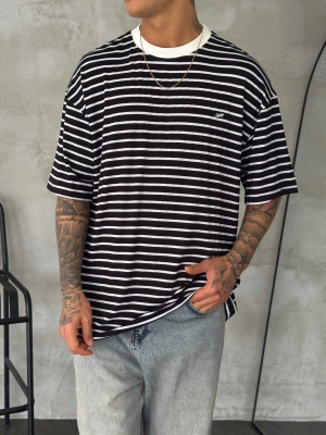 SW Çizgili Oversize Unisex Tshirt Siyah