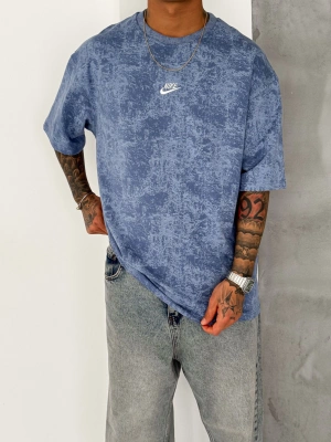 Basic Yıkamalı NK Oversize Tshirt Mavi