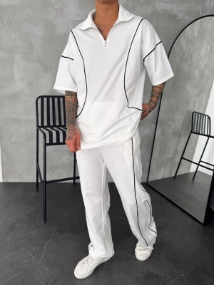 Fermuar Detay Unisex Eşofman Takım Beyaz