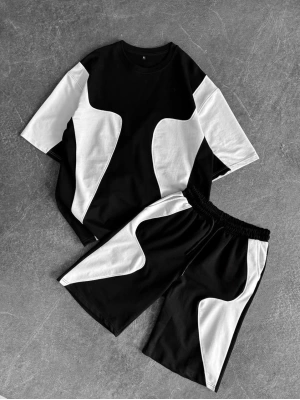 Desen Detay Unisex Oversize Şortlu Takım Siyah