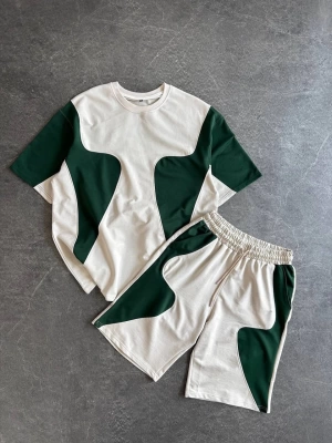 Desen Detay Unisex Oversize Şortlu Takım Yeşil