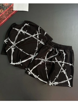 Dikenli Unisex Şortlu Takım - Siyah