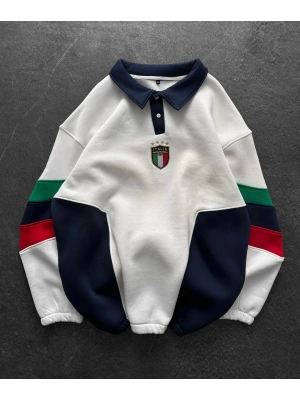 İtaly Parçalı Unisex Şardonlu Sweatshirt Beyaz