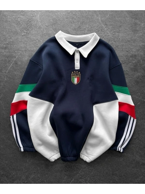 İtaly Parçalı Unisex Şardonlu Sweatshirt Lacivert