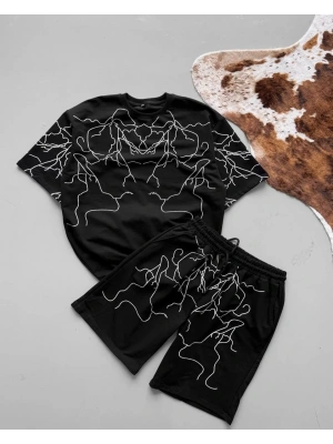 lightening unisex oversize şortlu takım - Siyah