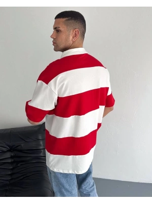 Parçalı Polo Yaka Unisex Oversize Tshirt - Kırmızı