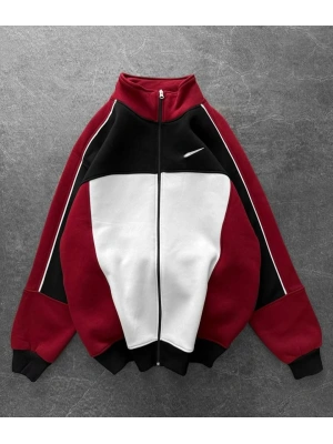 Parçalı Şardonlu Unisex Hırka - Kırmızı