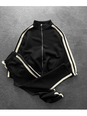 Şerit Detay Şardonlu Unisex Eşofman Takımı - Siyah