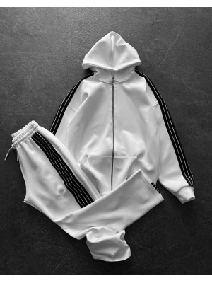 Şeritli Şardonlu Unisex Eşofman Takım - Beyaz