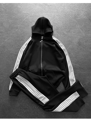 Şeritli Şardonlu Unisex Eşofman Takım - Siyah