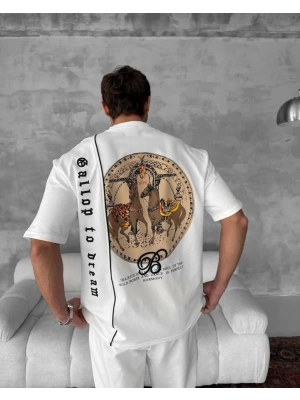 Sırt Desenli Unisex Oversize Tshirt - Beyaz