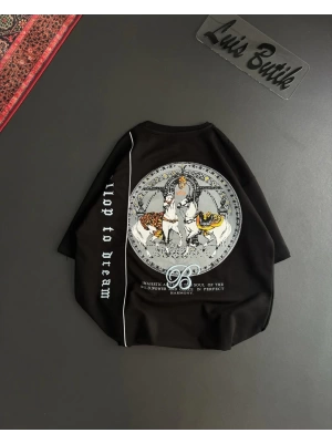 Sırt Desenli Unisex Oversize Tshirt - Siyah