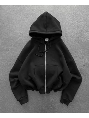 Yarasa Kalıp Kapüşonlu Şardonlu Unisex Hırka Siyah