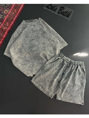 Yıkamalı Unisex Şortlu Takım - Gri