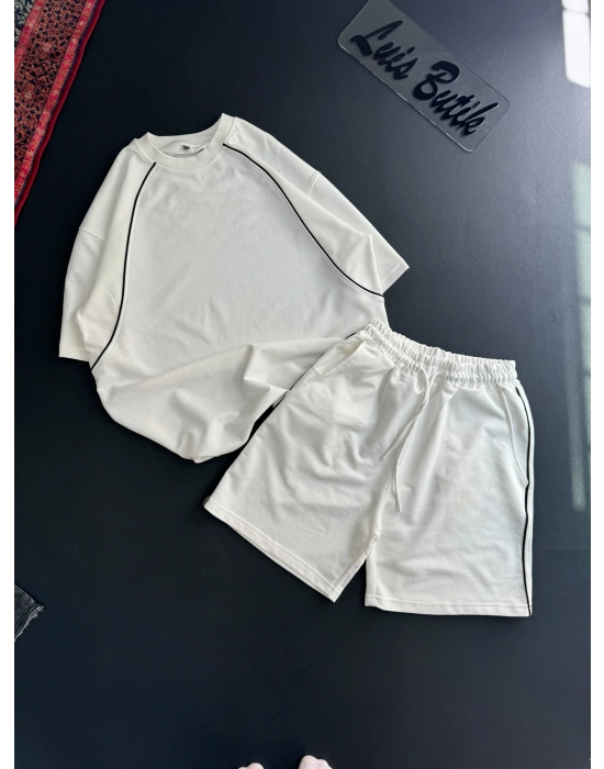 Biyeli Unisex Şortlu Takım - Beyaz
