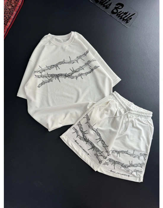 Dikenli Unisex Şortlu Takım - Beyaz