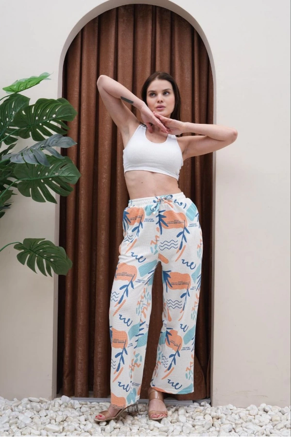 Kadın Pantolon Beli Lastikli Yaz Desen