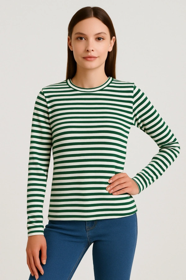 Kadın Uzun Kol Çizgili T-Shirt Yeşil Beyaz Renk