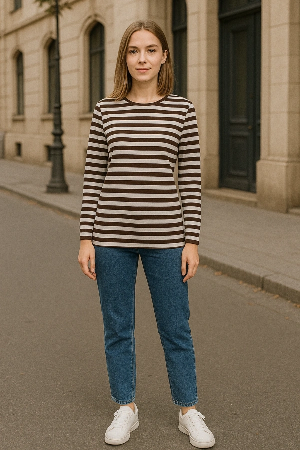 Kadın Uzun Kol T-Shirt Kahverengi Beyaz Çizgili