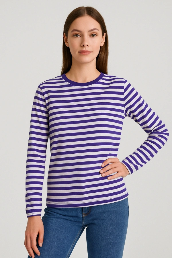 Kadın Uzun Kol T-Shirt Mor Beyaz Renk Çizgili