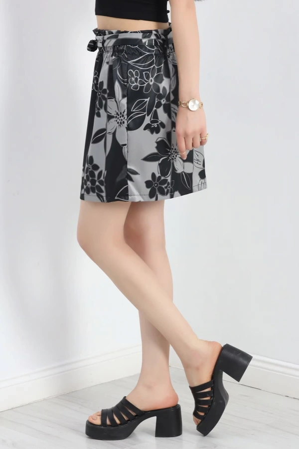 Kuşaklı Saten Etek Siyah Füme