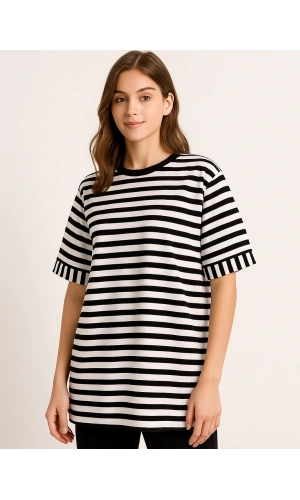 Kadın Tişört Kısa Kol Siyah Beyaz Çizgili