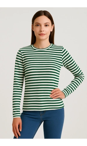 Kadın Uzun Kol Çizgili T-Shirt Yeşil Beyaz Renk