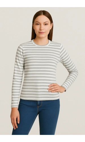Kadın Uzun Kol T-Shirt Gri Beyaz Çizgili