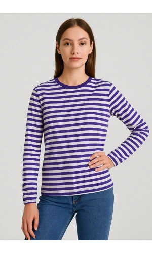 Kadın Uzun Kol T-Shirt Mor Beyaz Renk Çizgili