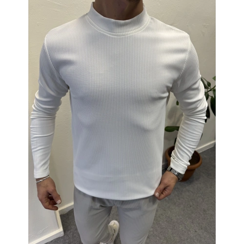 Fitilli Ottoman Yarım Balıkçı İçi Şardonlu Sweatshirt Beyaz