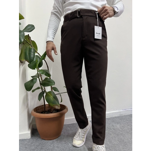 Kendinden Kemerli Kumaş Pantolon Kahve