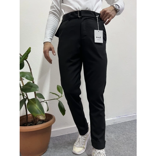 Kendinden Kemerli Kumaş Pantolon Siyah