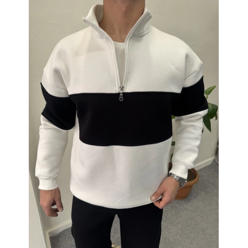 Parçalı İçi Şardonlu Yarım Fermuar Sweat Beyaz