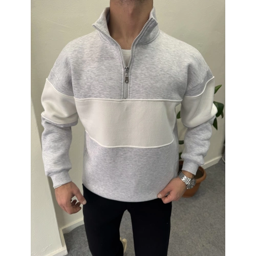 Parçalı İçi Şardonlu Yarım Fermuar Sweat Gri