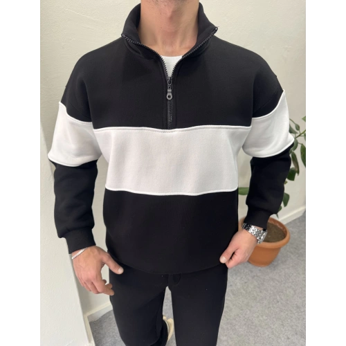 Parçalı İçi Şardonlu Yarım Fermuar Sweat Siyah
