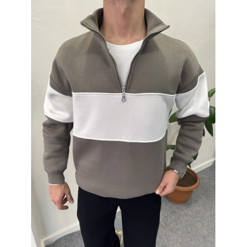 Parçalı İçi Şardonlu Yarım Fermuar Sweat Zeytin