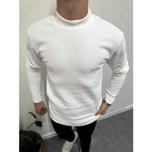 Yarım Balıkçı İçi Şardonlu Pamuk Slim Fit Sweatshirt Beyaz