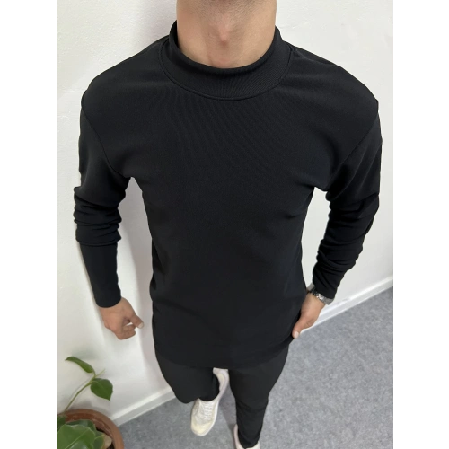 Yarım Balıkçı İçi Şardonlu Pamuk Slim Fit Sweatshirt Siyah