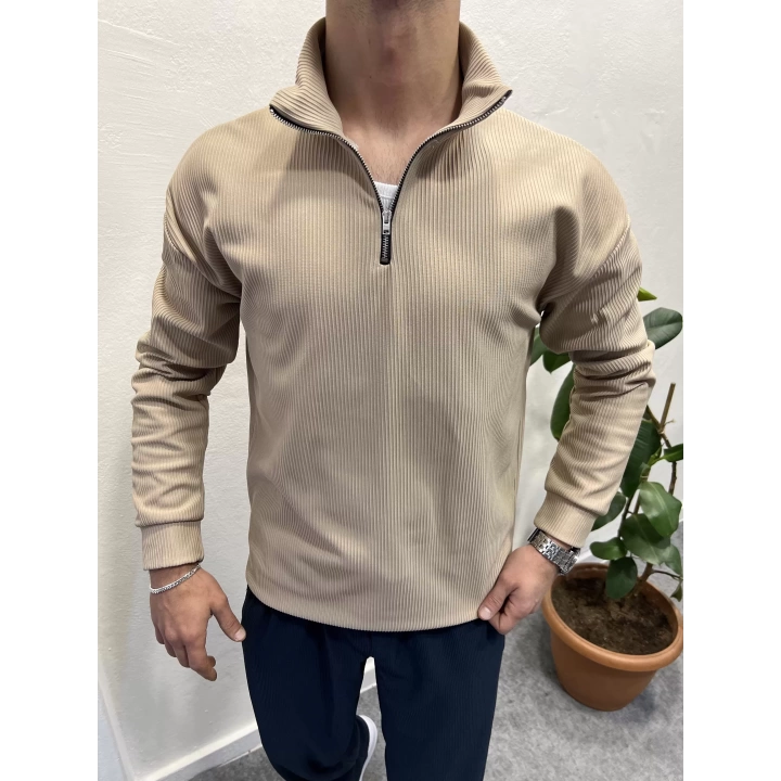 Fitilli Ottoman Kumaş İçi Şardonlu Yarım Fermuar Sweatshirt Bej