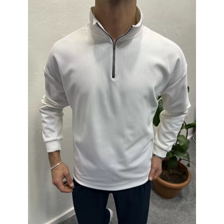 Fitilli Ottoman Kumaş İçi Şardonlu Yarım Fermuar Sweatshirt Beyaz