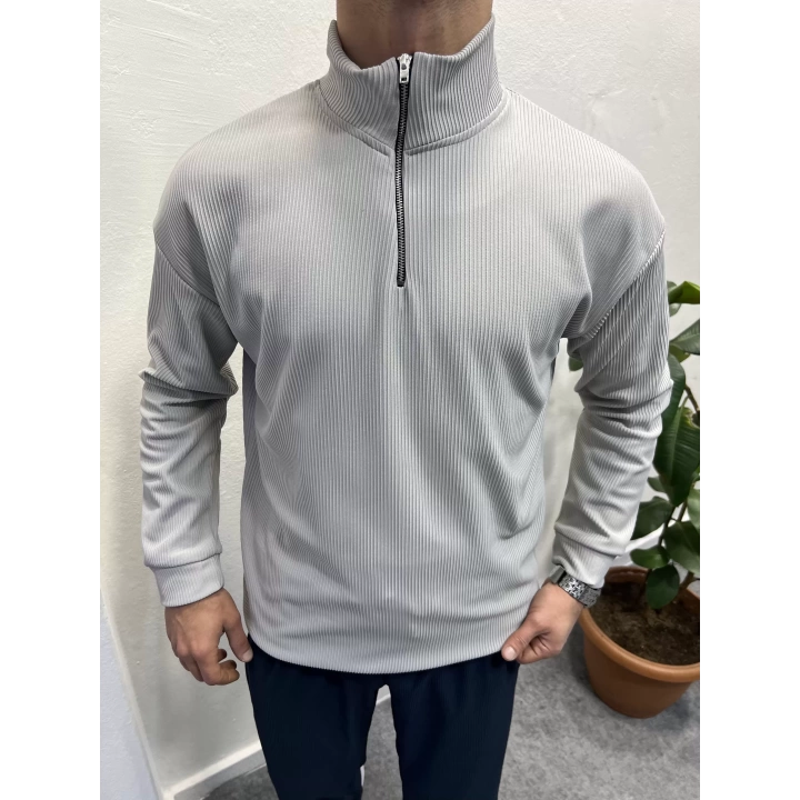 Fitilli Ottoman Kumaş İçi Şardonlu Yarım Fermuar Sweatshirt Gri