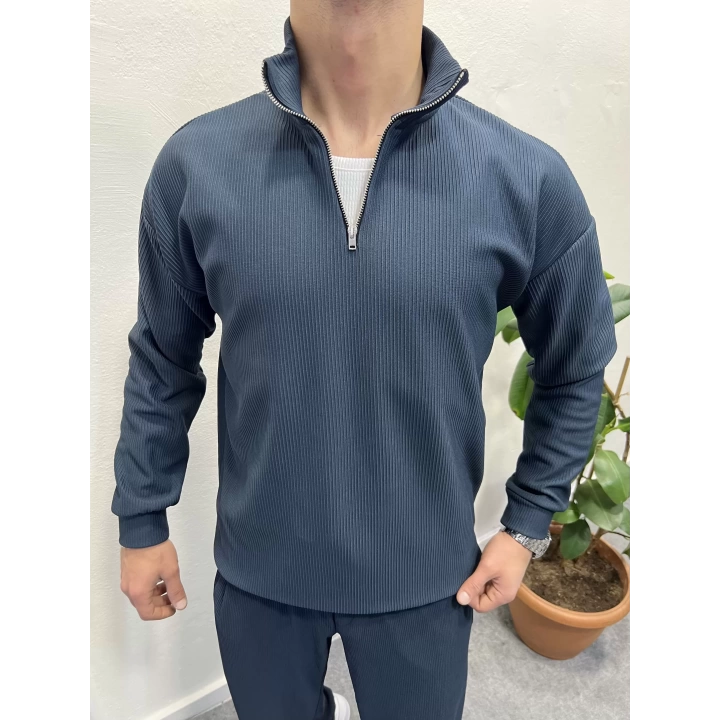 Fitilli Ottoman Kumaş İçi Şardonlu Yarım Fermuar Sweatshirt Petrol