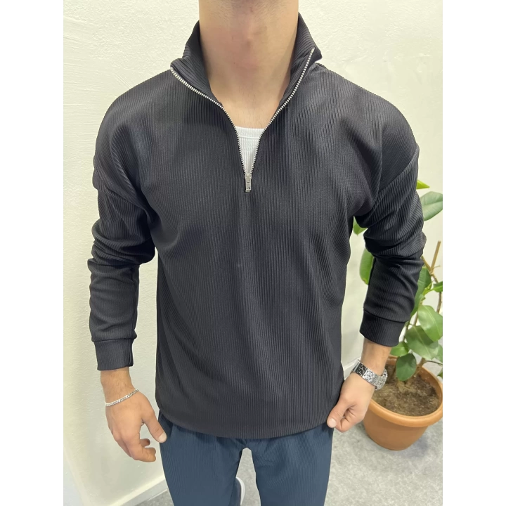 Fitilli Ottoman Kumaş İçi Şardonlu Yarım Fermuar Sweatshirt Siyah