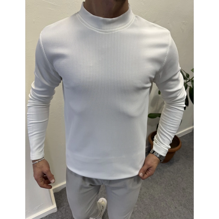 Fitilli Ottoman Yarım Balıkçı İçi Şardonlu Sweatshirt Beyaz