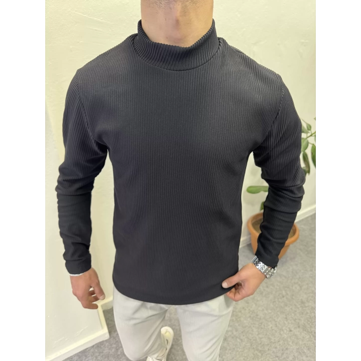 Fitilli Ottoman Yarım Balıkçı İçi Şardonlu Sweatshirt Siyah