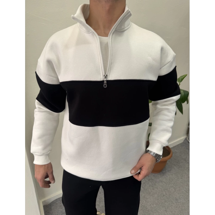 Parçalı İçi Şardonlu Yarım Fermuar Sweat Beyaz