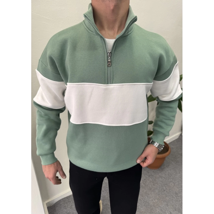 Parçalı İçi Şardonlu Yarım Fermuar Sweat Mint Yeşili