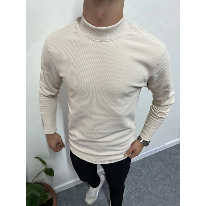 Yarım Balıkçı İçi Şardonlu Pamuk Slim Fit Sweatshirt Bej